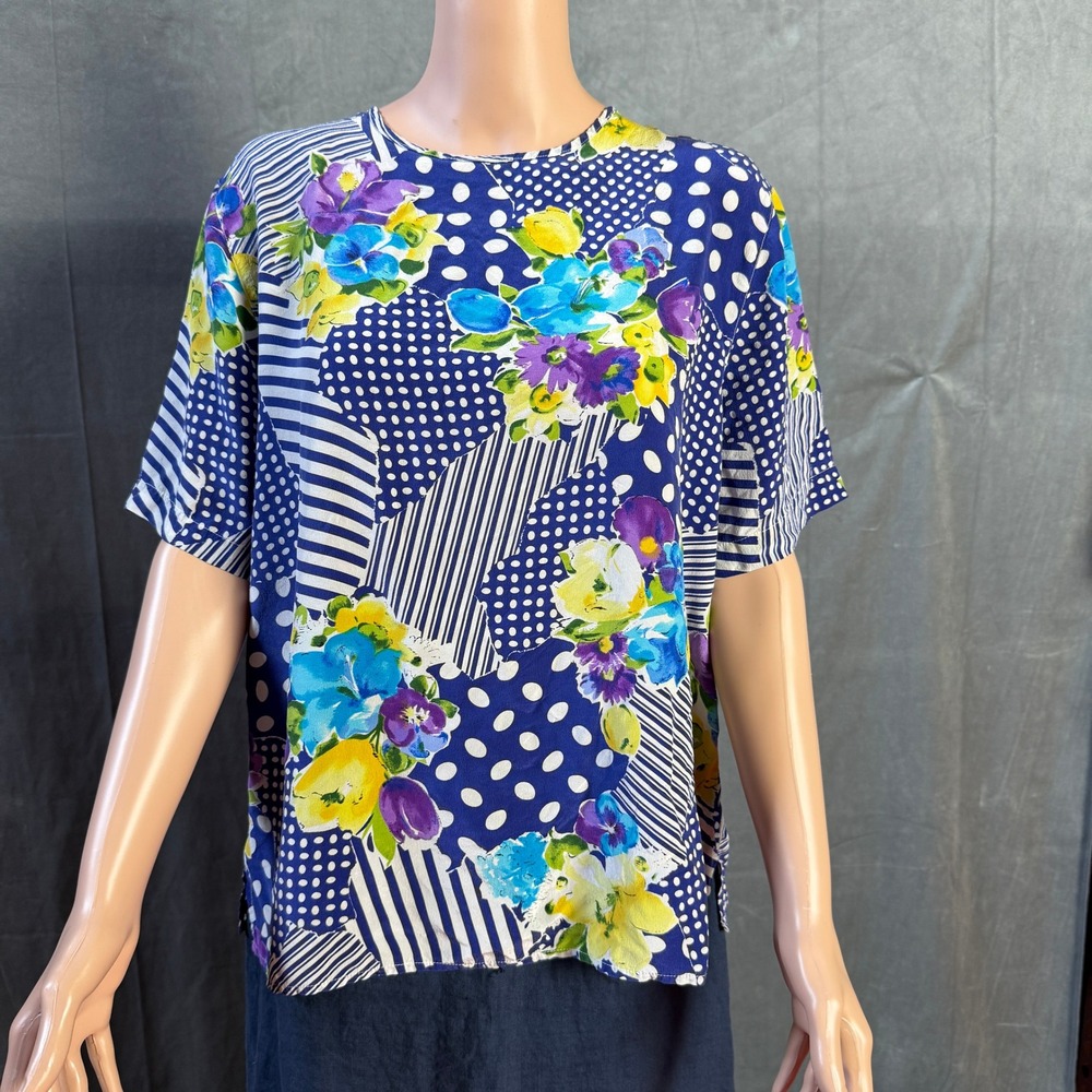 Vintage 90s Christie & Jill 100% Silk Floral Blouse XL Blue Geometric Classic